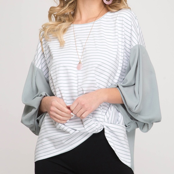 Slate striped 3/4 balloon sleeve with side tie - Picture 2 of 5